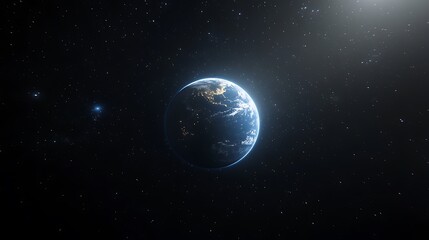 Obraz premium A blue Earth with sun rays shining on it against space planet