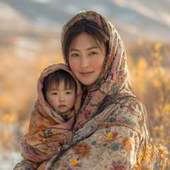 Indigenous Mongolian woman dressed in traditional attire holds her child against a scenic backdrop