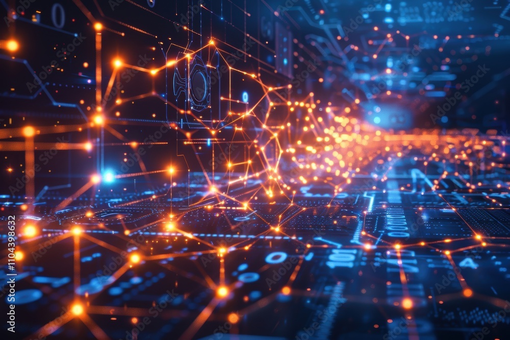 Poster abstract digital landscape with interconnected nodes and glowing lines.