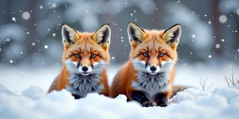 Two red foxes in snowy winter scene