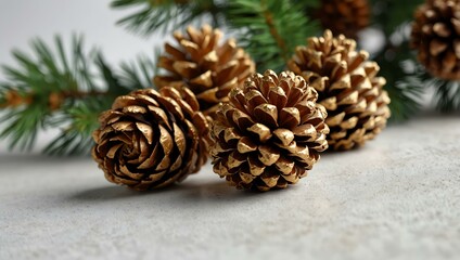 Christmas tree branch with golden pine cones on white background.