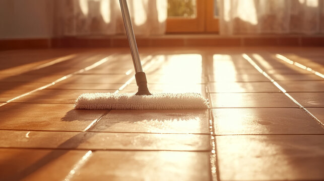 
A detailed, high-quality stock photo featuring a flat wet-mop made of microfiber, actively wiping a tiled terracotta floor