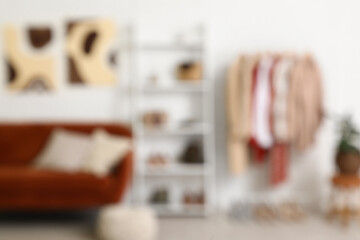 Rack with clothes, shelving unit and sofa near white brick wall in dressing room. Blurred view