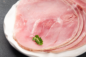 Ham slice pork meat fresh tasty food dish delicious gourmet food background on the table rustic food top view copy space