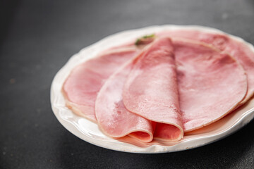 Ham slice pork meat fresh tasty food dish delicious gourmet food background on the table rustic food top view copy space