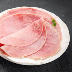 Ham slice pork meat fresh tasty food dish delicious gourmet food background on the table rustic food top view copy space