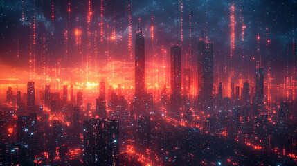 Obraz premium A vibrant, futuristic cityscape glowing with fiery colors against a dark sky, presenting a cyberpunk aesthetic filled with towering structures.