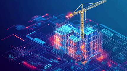 Futuristic infrastructure of a smart night city. Residential urban buildings for isometric innovation flat design. Smart city vector illustration of town with digital communication technology.