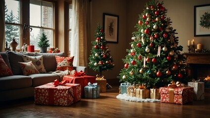 Christmas tree with gifts and festive decor.