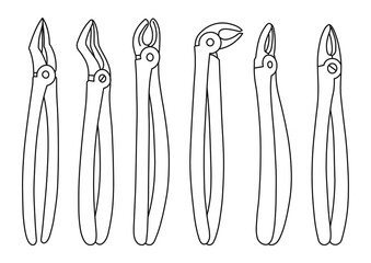 Dental forceps for tooth extraction, dental equipment,  dentist tool silhouette sketch