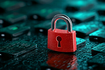 A vibrant red padlock stands on a digital background, symbolizing security and protection in a tech-driven world.