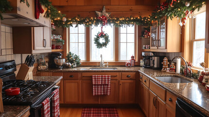 Rustic Christmas Kitchen: Garland over cabinets, plaid dish towels, and gingerbread accents.