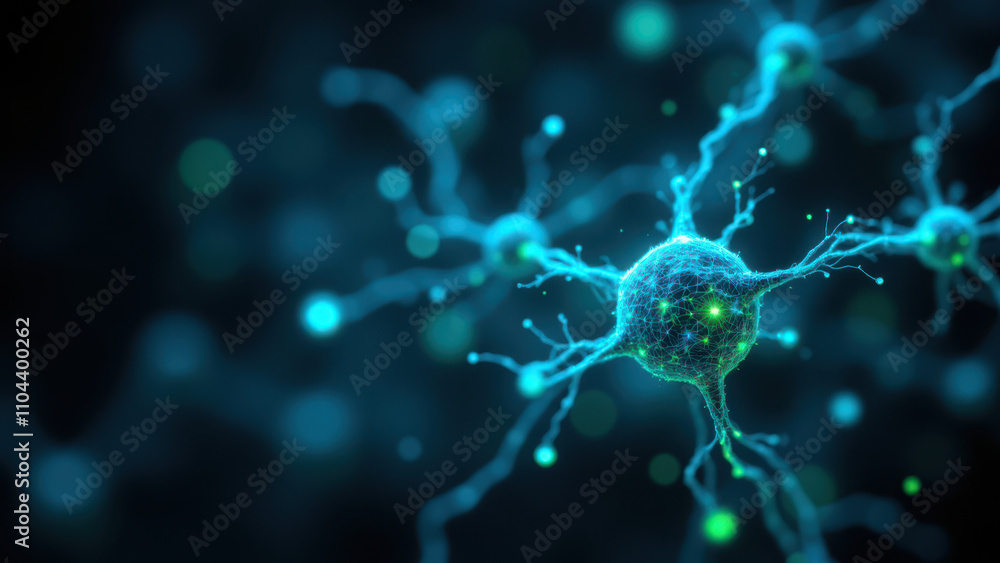 Aufkleber a 3d rendering of a human neuron with visible dendrites, axon, and synaptic vesicles. semaglutide is