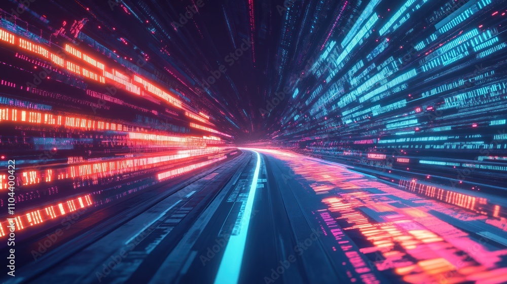 Poster Digital data streams fast on road. Cyber global communication concept. Agile digital transformation shown in graphic design. Generative AI tech creates vision of disruptive innovation, fast data