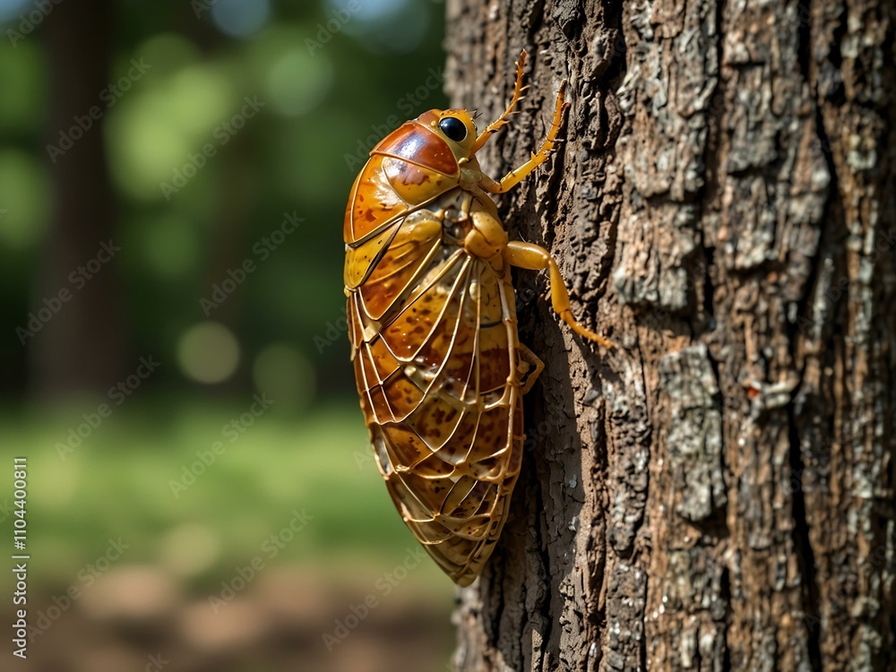 Poster cicada shell attached to a tree.