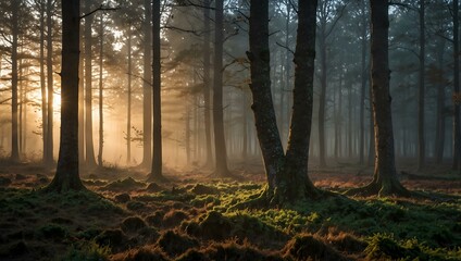 Obraz premium Cinematic morning light through misty woods, Veluwe.