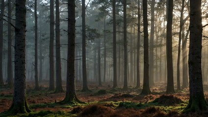 Obraz premium Cinematic morning light through misty woods, Veluwe.