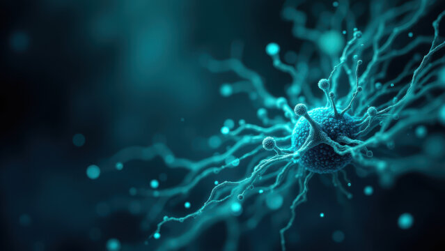A microscopic view of a human pancreatic beta cell with a focus on the hormone semaglutide used for diabetes treatment.