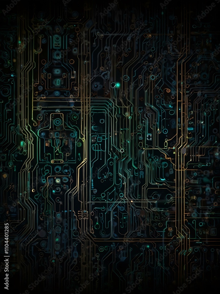 Poster circuitry forming complex patterns on a dark background.