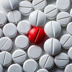 close up of single color pill in a sea of many white pills