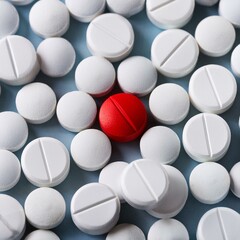close up of single color pill in a sea of many white pills