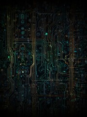 Circuitry forming complex patterns on a dark background.