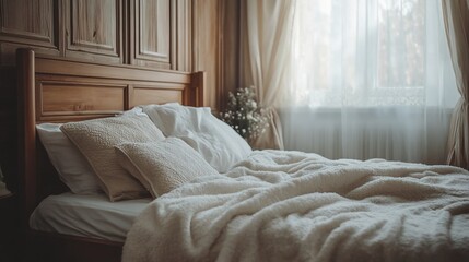 Cozy bedroom interior with wooden headboard, soft bedding, and natural light.