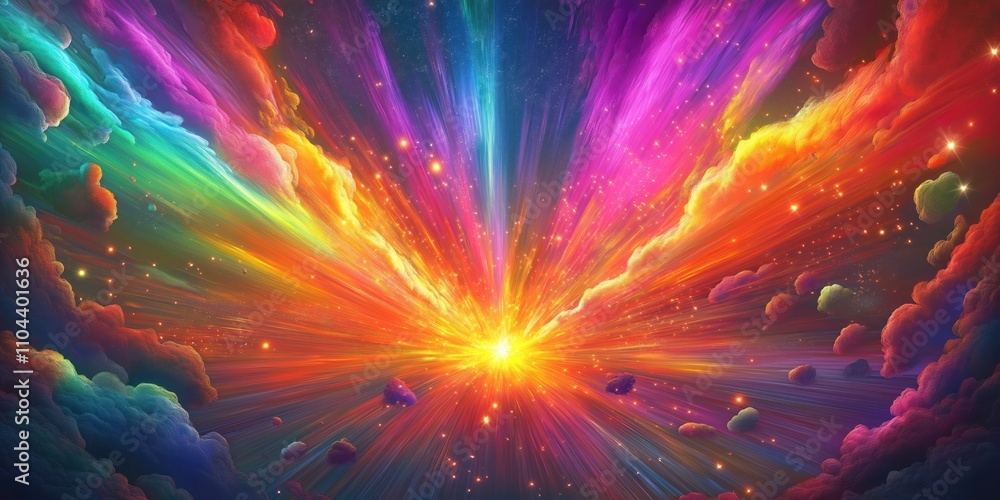 Poster colorful explosion in space. bright colors burst outward from central point. hyperspace cosmic burst