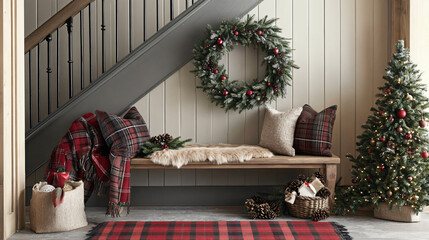 Rustic Farmhouse Holiday Entryway: Picture a rustic farmhouse entryway with a garland-wrapped banister, plaid throw blankets, a bench with faux-fur cushions, and a wreath with pinecones and ribbon