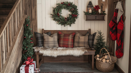 Rustic Farmhouse Holiday Entryway: Picture a rustic farmhouse entryway with a garland-wrapped banister, plaid throw blankets, a bench with faux-fur cushions, and a wreath with pinecones and ribbon