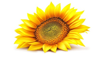 Obraz premium Realistic arrangement of a blooming sunflower with a bright yellow head and textured seeds on a white background, highlighting the large, bold petals and intricate center.