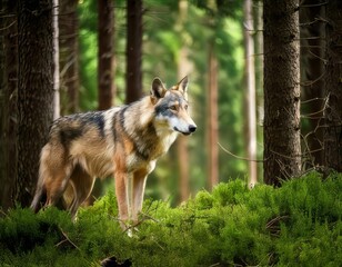 Eurasian wolf standing in the forest looking away