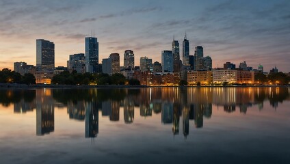 Fototapeta premium City skyline reflected in calm water.