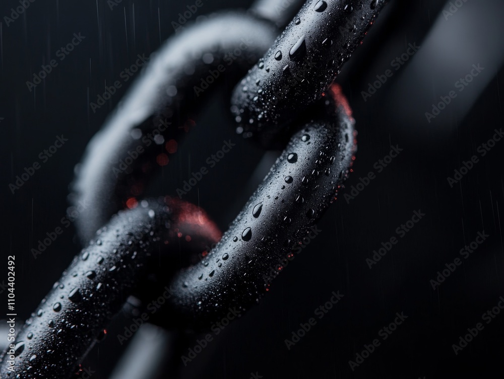 Poster a macro shot emphasizes a heavy metal chain adorned with rain droplets, set against a dark backdrop 