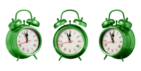 set collection retro clock, watch, pointer clock, Green color alarm clock on isolated white background close up