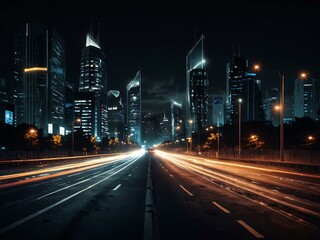 Naklejka premium Cityscape at night with abstract lighting and car traffic.