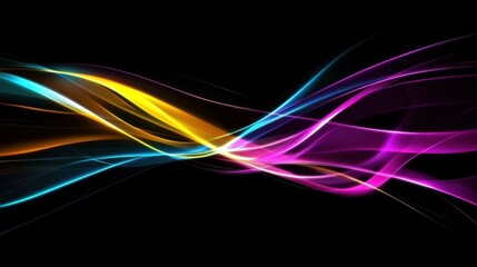 Naklejka premium A vibrant abstract background featuring overlapping glowing wave patterns in neon shades of cyan, violet, and yellow, set against a dark backdrop. The fluid, dynamic design evokes energy and modern 