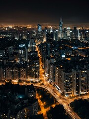 Obraz premium Cityscape at night with connected networks.