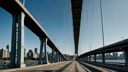 Fototapeta premium Cityscape of a modern bridge under a clear blue sky.