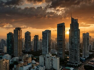 Fototapeta premium Cityscape of Makati, Metro Manila with sunset and skyscrapers.