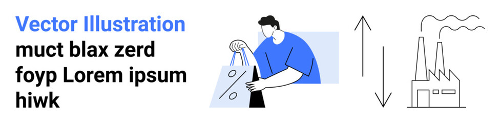 Person conducting an experiment with lab equipment, industrial factory icons with vertical arrows representing progress and development. Ideal for scientific research, industry growth, technological