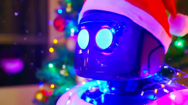 Robot con gorro de Santa y luces con nieve.