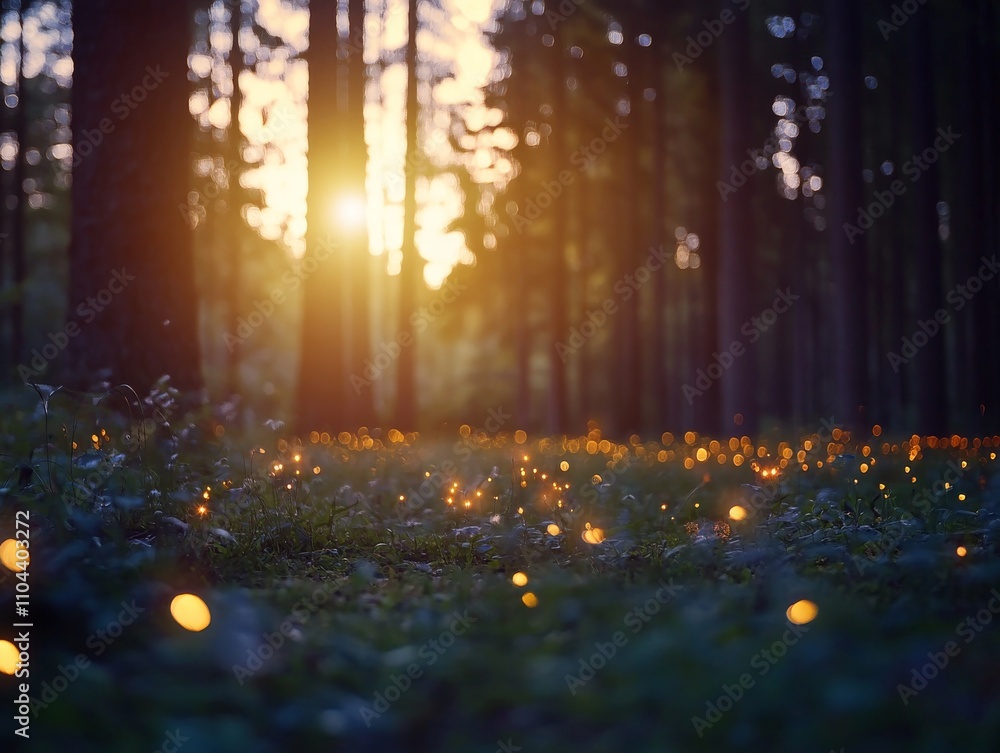 Poster a twilight forest clearing comes alive with glowing fireflies and mystical creatures, creating a dre