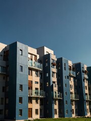 Cityscape with modern houses under a clear blue sky.