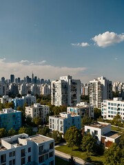 Fototapeta premium Cityscape with modern houses under a clear blue sky.
