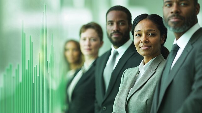 A group of diverse professionals standing confidently in a bright office space, with an overlay of a growing bar graph. Teamwork. - Powered by Adobe