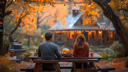 Fototapeta premium Family Enjoying a Thanksgiving Meal in a Backyard, Rustic Wooden Table Under String Lights, Autumn Leaves, Golden Hour Glow