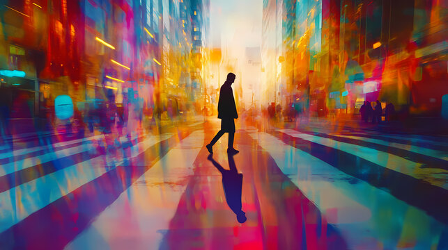 Amid a hypnotic cacophony of light and movement, a lone silhouette crosses street on crosswalk in the pulsing, kaleidoscopic cityscape. Kaleidoscopic. Illustration