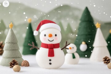 Fototapeta premium Paisagem de natal em miniatura com Papai Noel, renas e pinheiros cobertos de neve, estilo lúdico e colorido, criado por IA generativa.