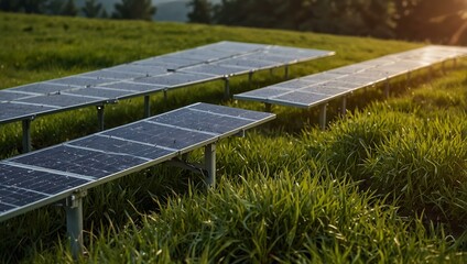 Fototapeta premium Clean energy solar panels in a grassy field.